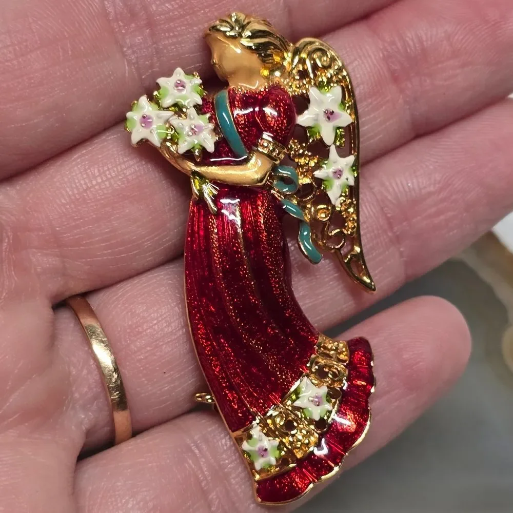 Christopher Radko Christmas Angel Brooch Gold Tone Red Enamel Signed Rare VTG - Picture 2 of 9